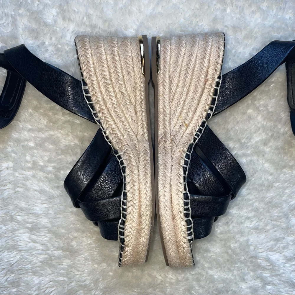 Franco Sarto Carmina espedrille black leather wedge platform ankle strap sandals - Picture 4 of 7